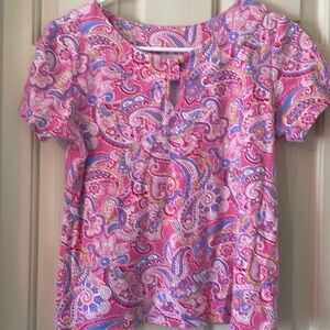 Kim Rogers Women Petite M Paisley Print Knit Shirt Pink Background